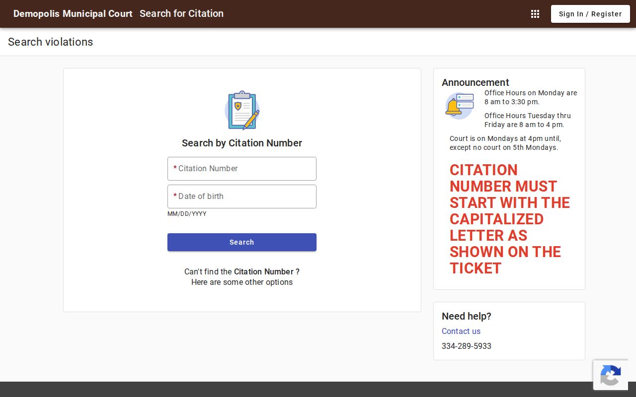 Demopolis criminal records municipal court citation search