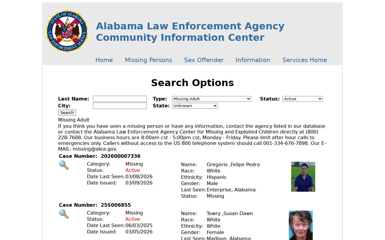 Marengo County sex offender registry search form from ALEA